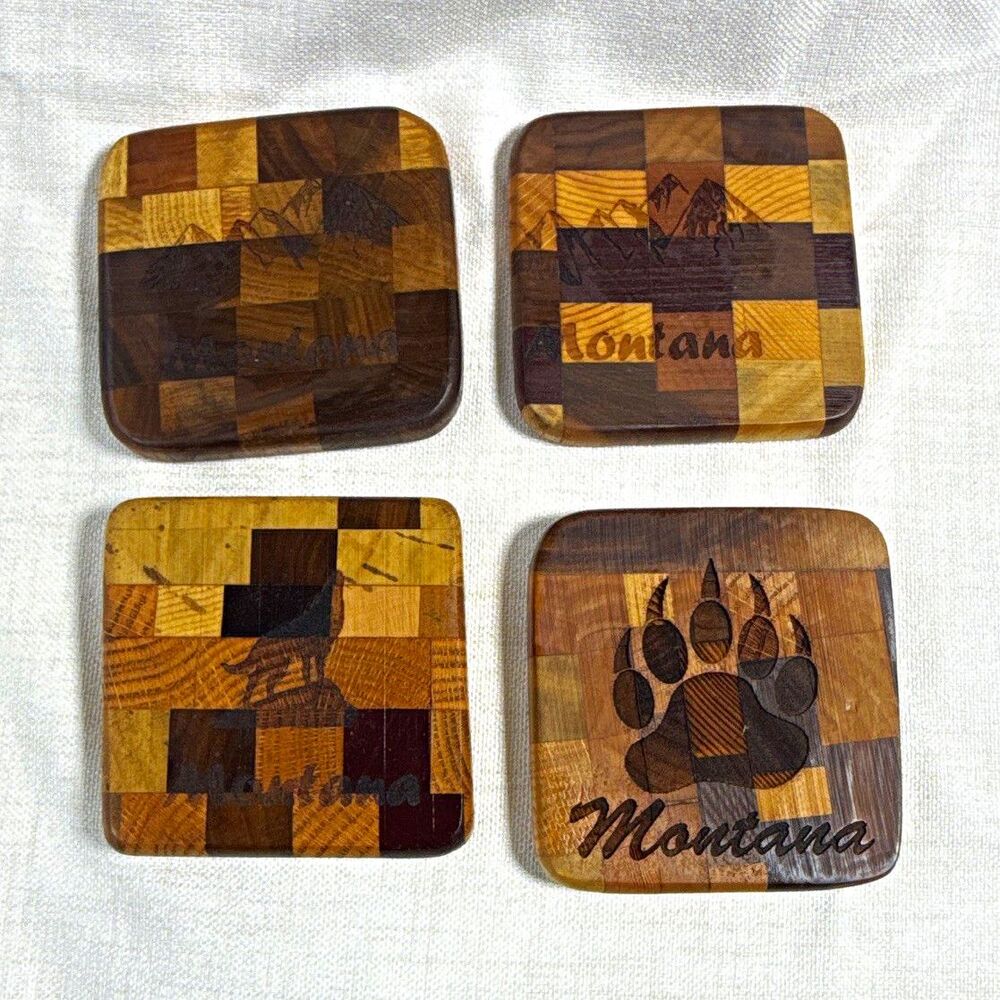 Wood Coasters Montana Bear Paw Rustic Geometric Grizz Biz Set of 4 Square